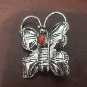 Vintage NAVAJO Sterling Coral Butterfly Brooch Hallmarked JFC OR (JFO)